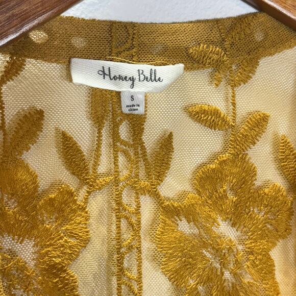 Honey Belle Mustard Embroidered Sheer Kimono Cardigan Women’s Size Small - Picture 2 of 6